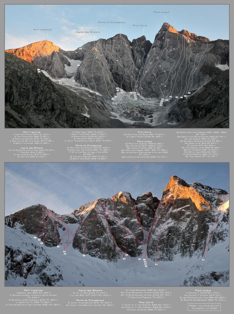 Poster « Versant Nord du Vignemale » : topo des voies d’escalade