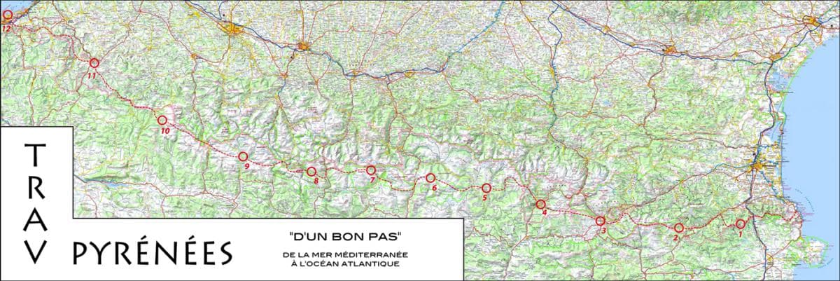 Carte globale de la traversée des Pyrénées de Banyuls à Hendaye